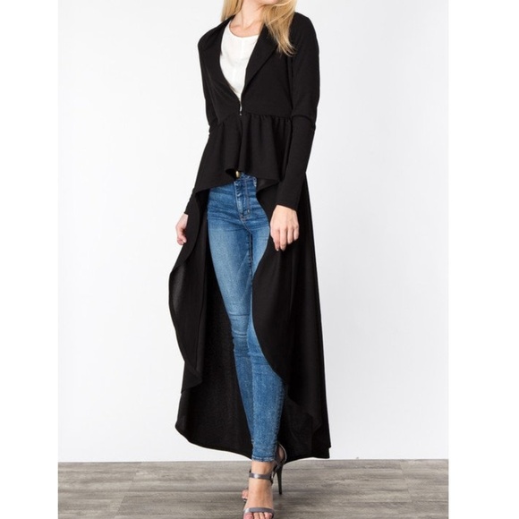 Black Hi Low Peplum Ruffle Long Jacket Top Blouse - Picture 3 of 5